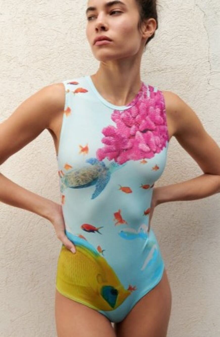 Zara Blue & Pink Ocean Coral & Fish Print Bodysuit Top Size Small Sleeveless
